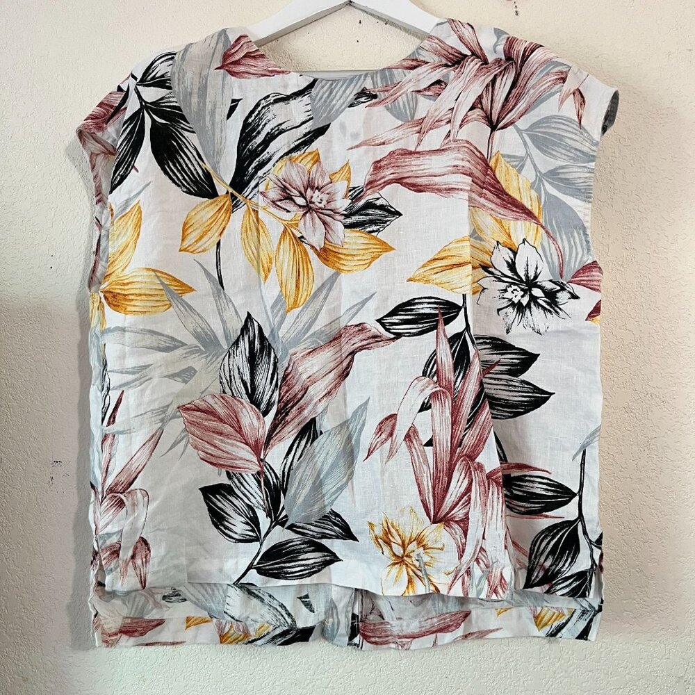C&C California Womens Floral Print Linen Cap Sleeve Button-Down Top XL Casual